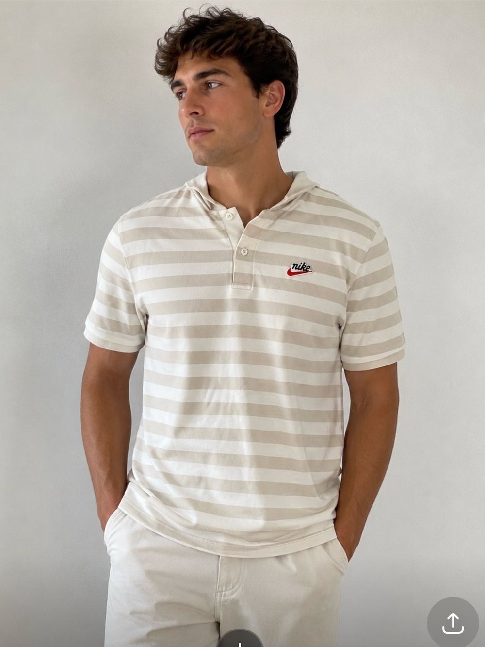 Nike Men’s Beige and White Striped Polo with Chest Logo